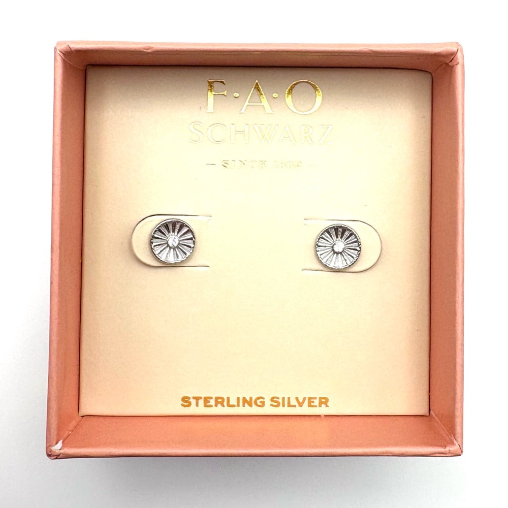 New FAO Schwartz Sterling Silver Round Flower Stud Earrings with Rhinestones 925